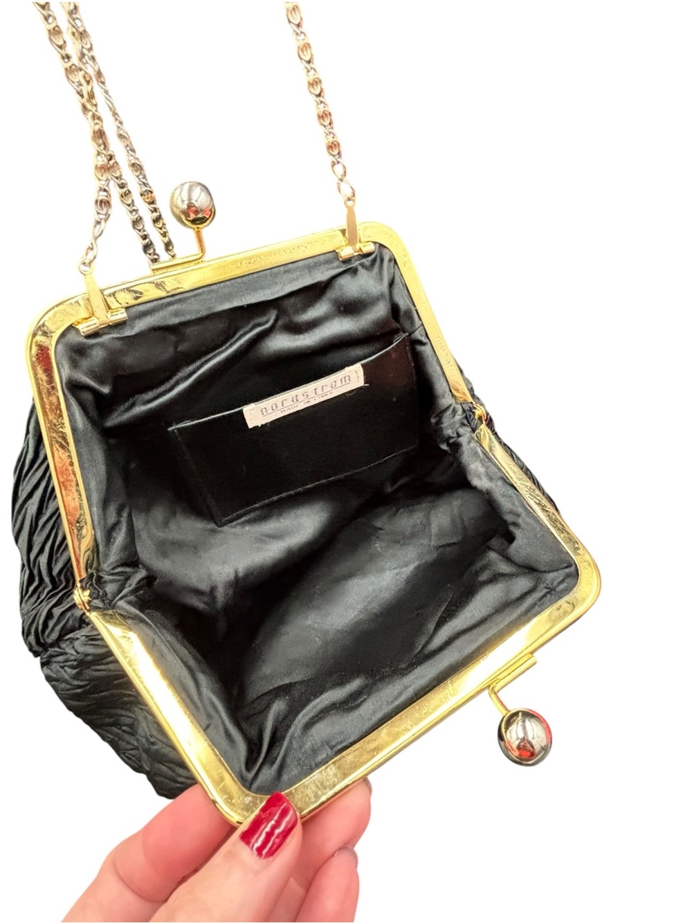 Vintage Nordstrom Black Pleated Evening Bag, Gold Tone Kiss Lock, Chain Strap - Picture 12 of 14